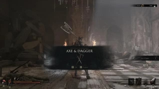 Axe and Dagger weapon pair shown at the Shrine of Trials.