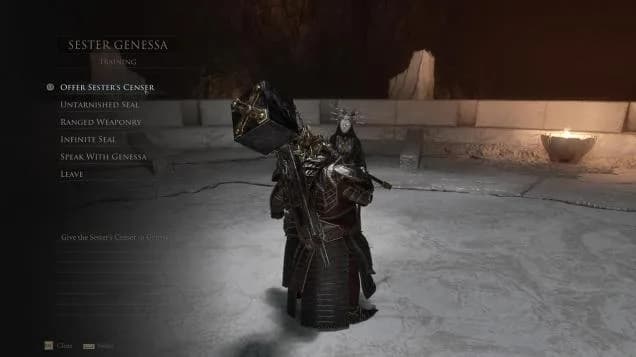 Sester Genessa shown in her armored Shell form at Marrow Keep.